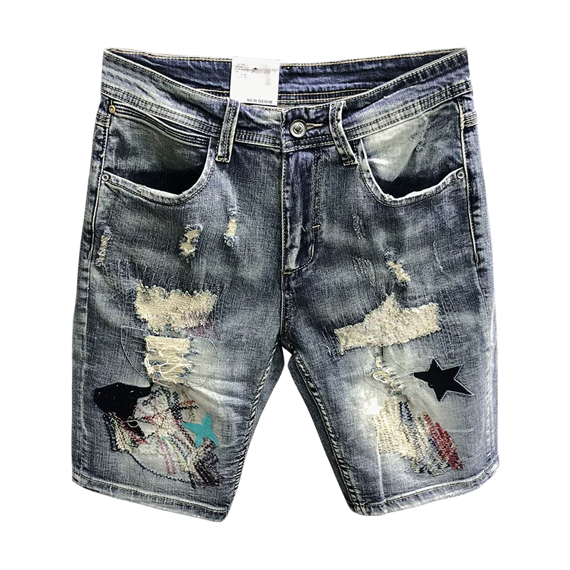 Bermuda Denim Shorts Men's Summer New Fashion Embroidery Patch Ripped Holeknee High Youth Streetwear Retro Short Jeans Male