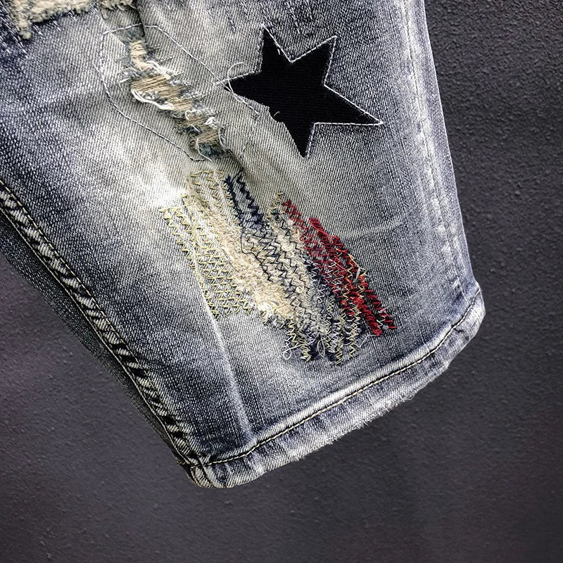 Bermuda Denim Shorts Men's Summer New Fashion Embroidery Patch Ripped Holeknee High Youth Streetwear Retro Short Jeans Male