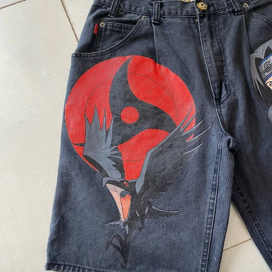 Y2K Harajuku denim shorts large pockets ninja anime prints trendy casual wear gothic Retro American style street Wide leg shorts