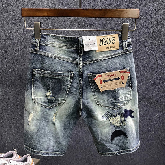 Bermuda Denim Shorts Men's Summer New Fashion Embroidery Patch Ripped Holeknee High Youth Streetwear Retro Short Jeans Male