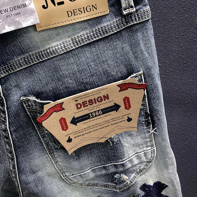 Bermuda Denim Shorts Men's Summer New Fashion Embroidery Patch Ripped Holeknee High Youth Streetwear Retro Short Jeans Male